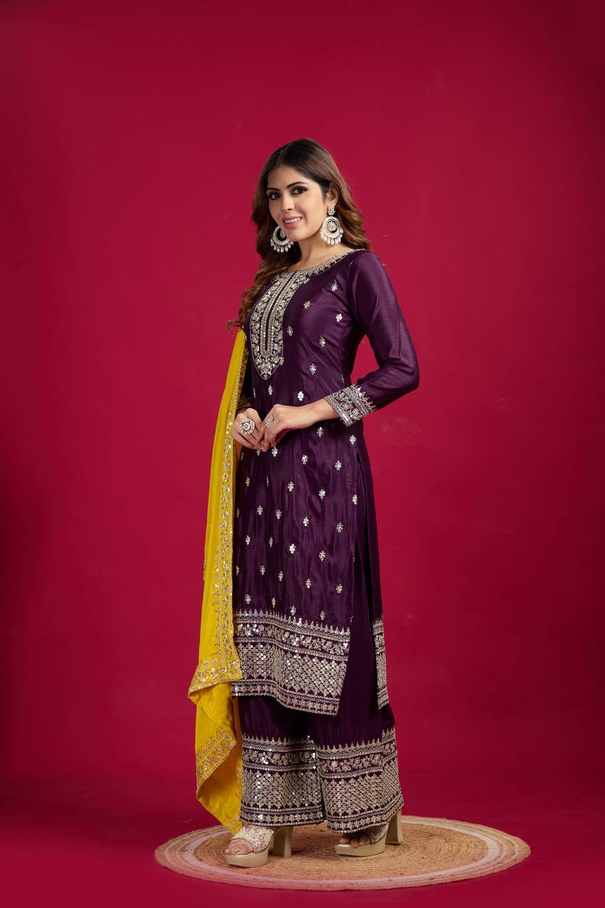 purple color chinon silk sharara suit for wedding 