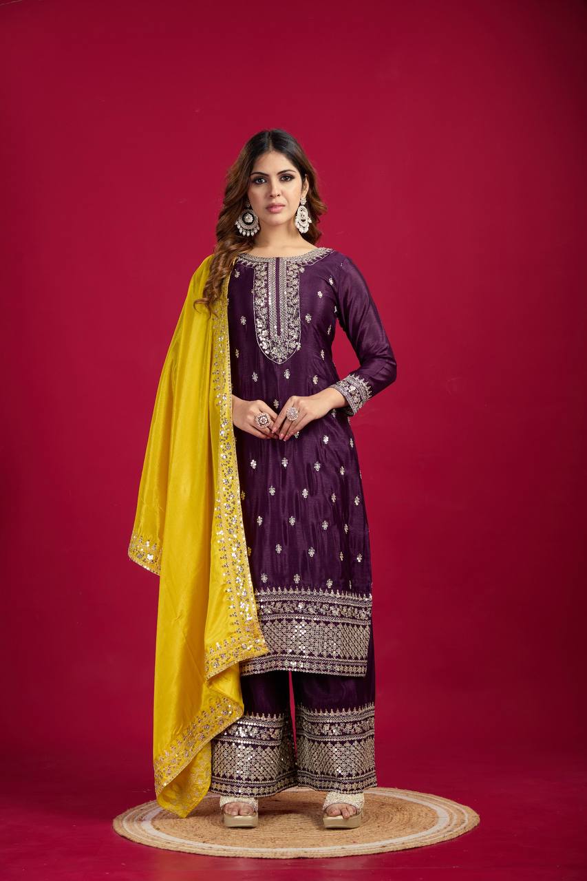purple color chinon silk sharara suit for women