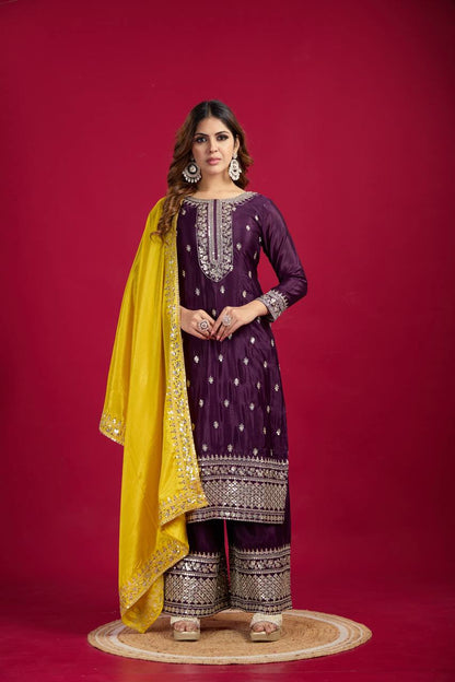 purple color chinon silk sharara suit for women