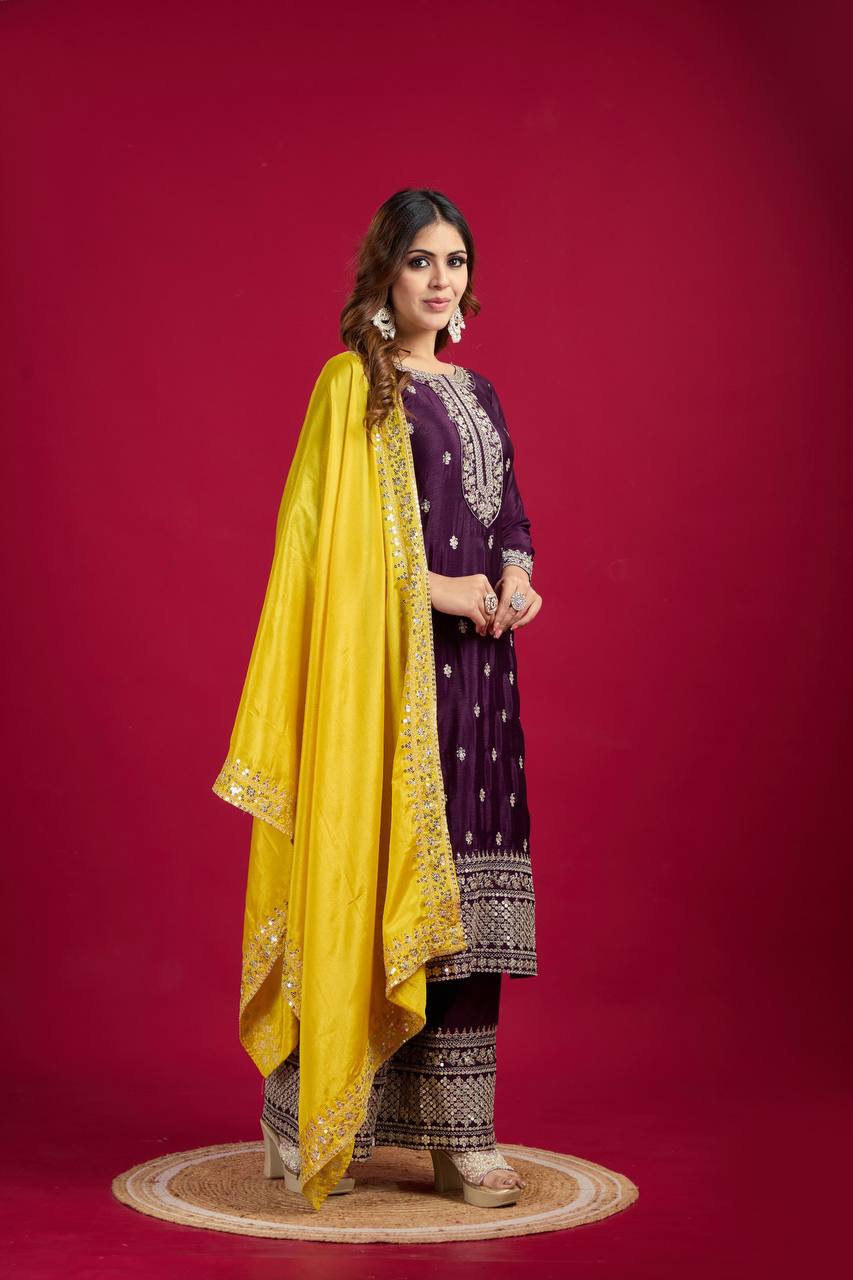 purple color chinon silk sharara suit with dupatta images
