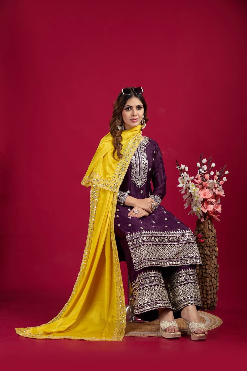 purple color chinon silk sharara suit with dupatta design
