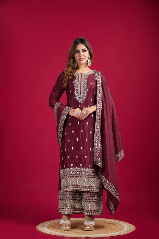 Maroon color chinon silk sharara suit for women
