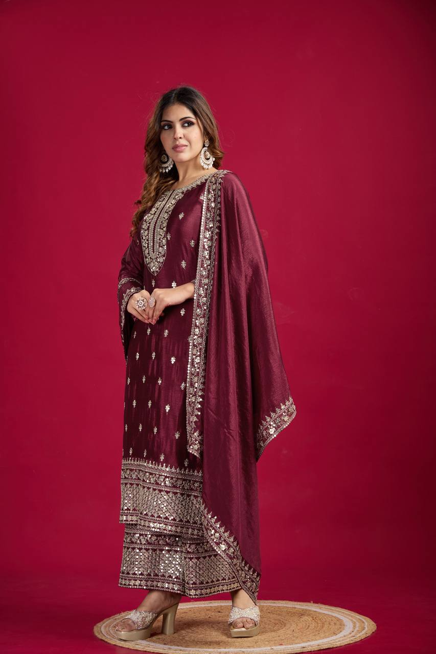 Maroon color chinon silk sharara suit with dupatta online