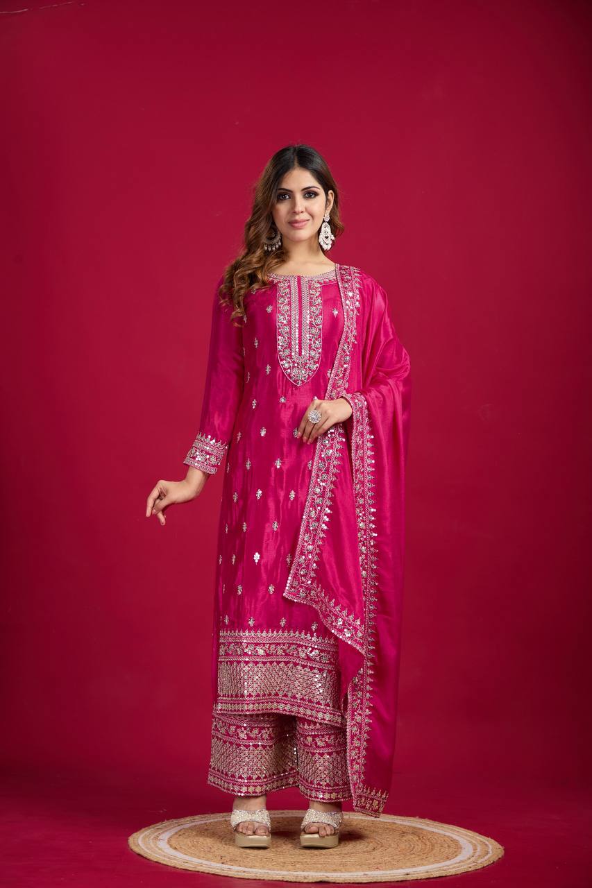 Pink color chinon silk sharara suit for women
