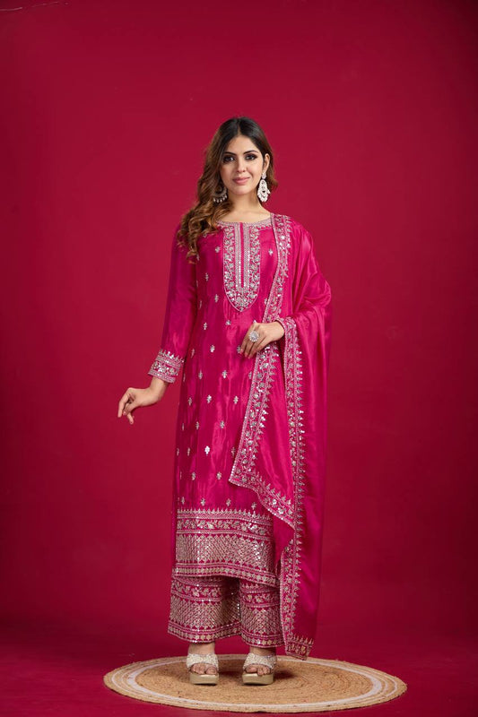Pink color chinon silk sharara suit for women