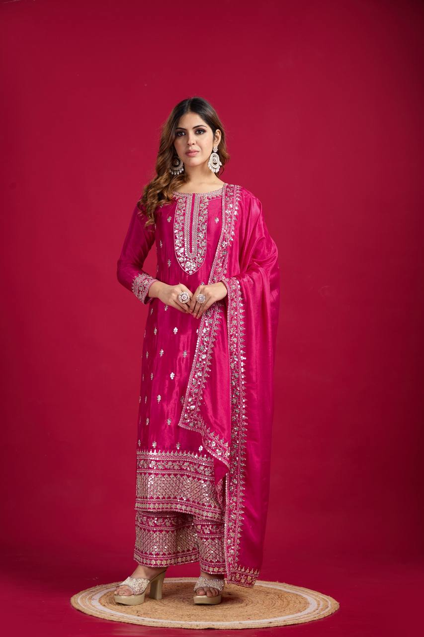 Pink color chinon silk sharara suit with dupatta price