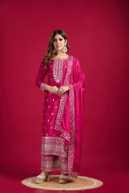 Pink color chinon silk sharara suit with dupatta price