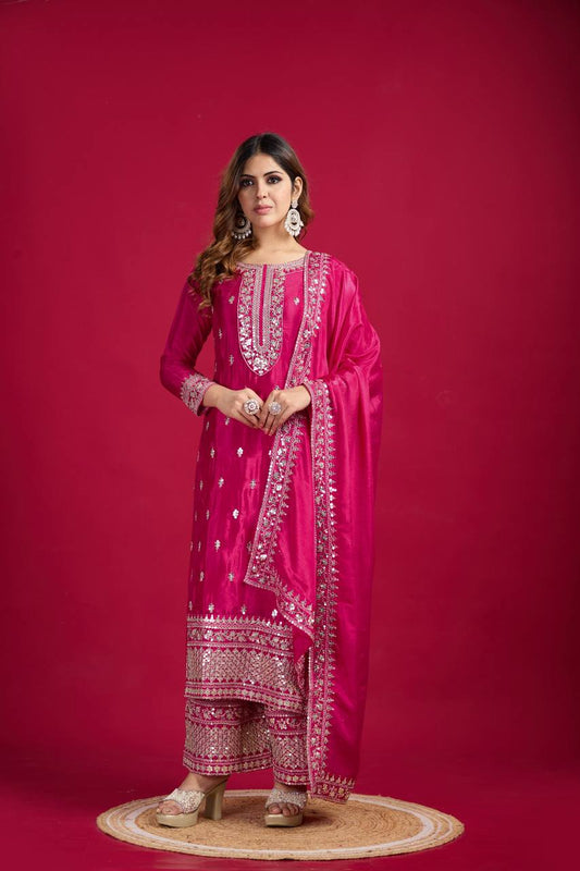 Pink color chinon silk sharara suit with dupatta price