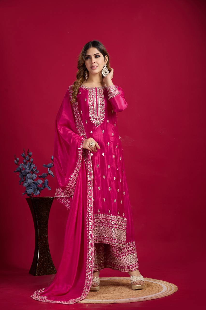 Pink color chinon silk sharara suit with dupatta online