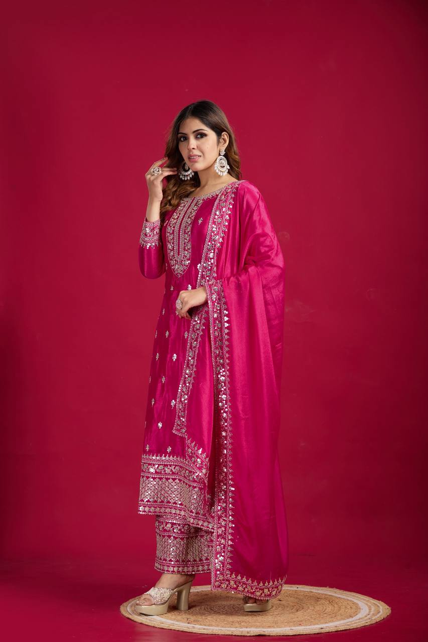 Pink color chinon silk sharara suit with dupatta design