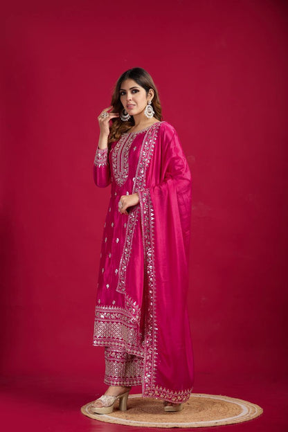 Pink color chinon silk sharara suit with dupatta design
