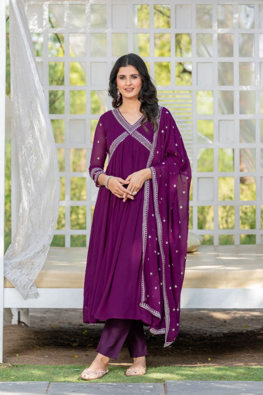 Wine color georgette aliya cut long gown for women