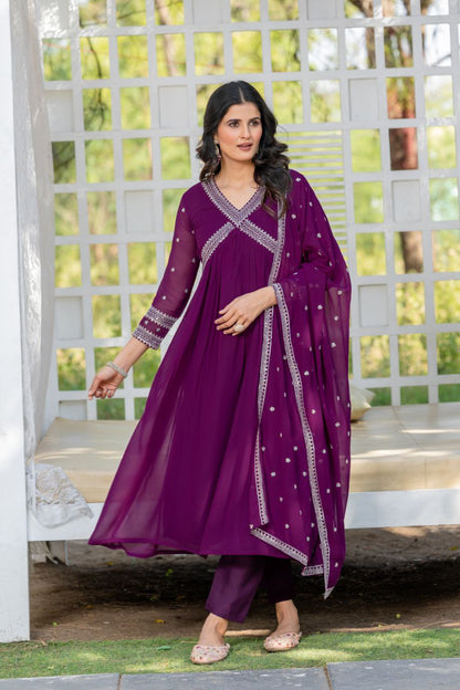 Wine color georgette aliya cut long gown with dupatta online