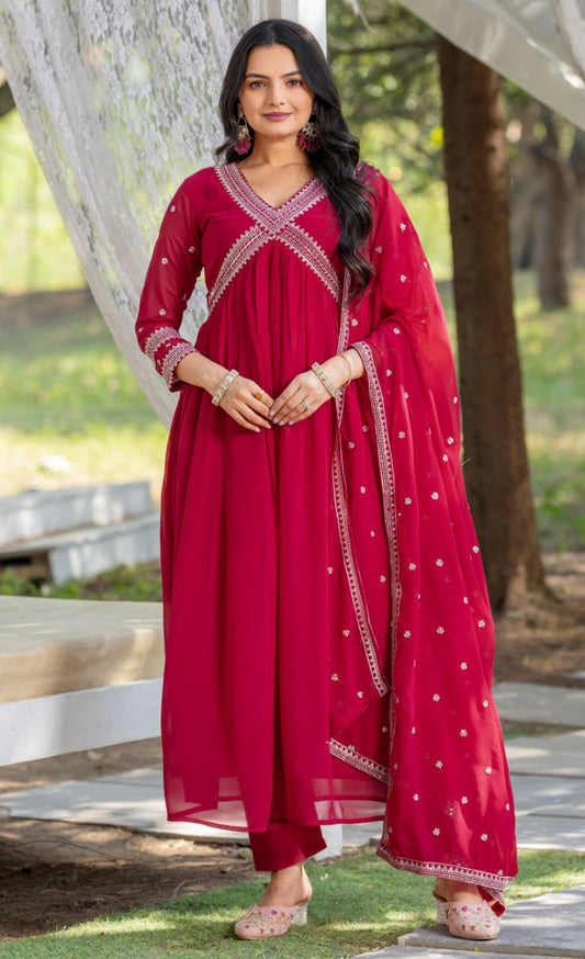 Rani pink color georgette aliya cut gown with dupatta images