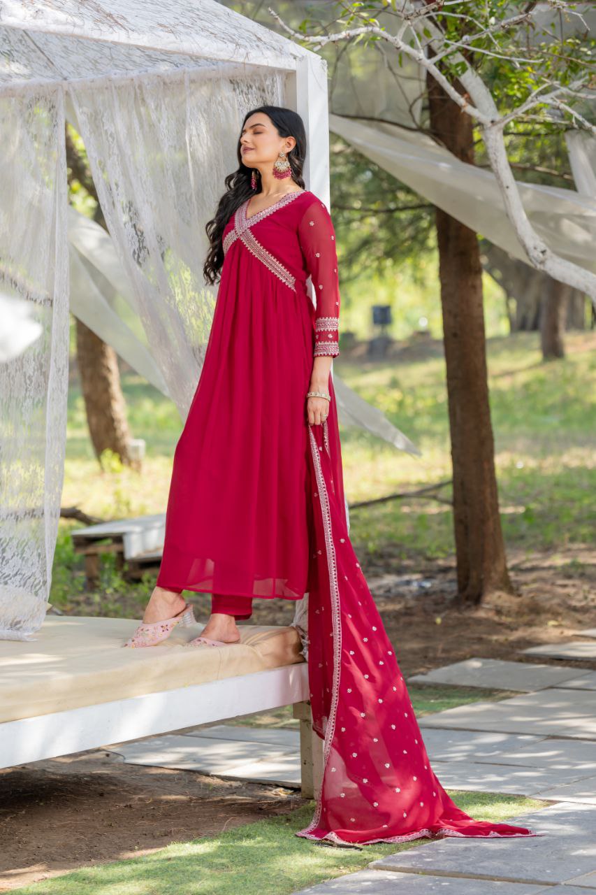 Rani pink color georgette aliya cut gown with dupatta design