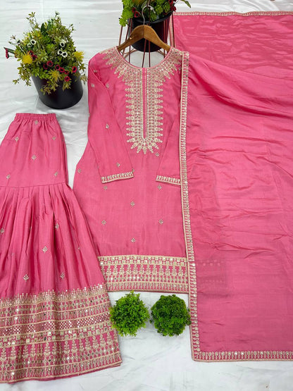 Pink color chinon silk sharara suit for women price
