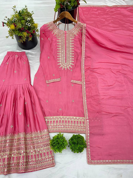 Pink color chinon silk sharara suit for women price
