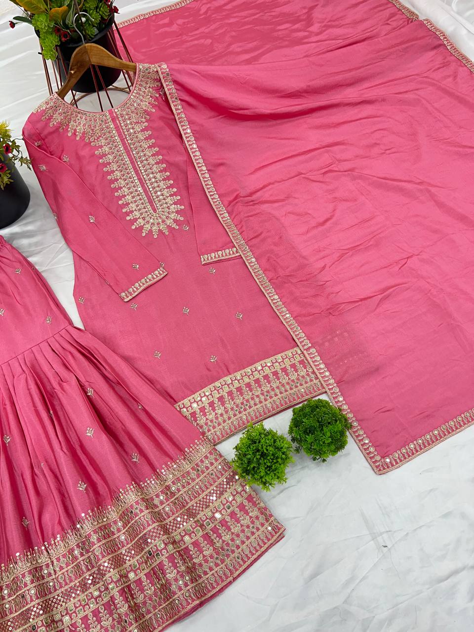 Pink color chinon silk sharara suit with dupatta