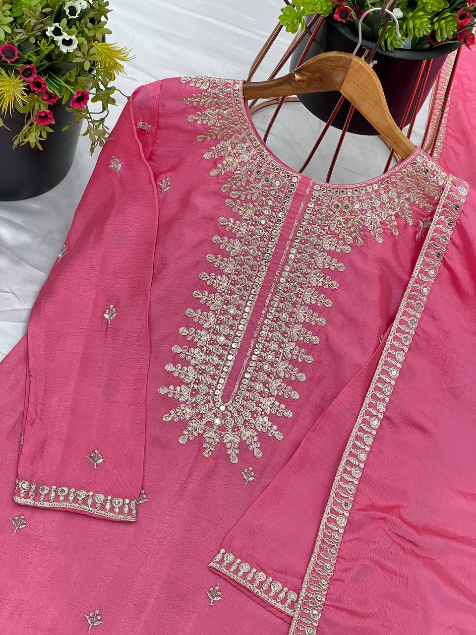 Pink color chinon silk sharara suit with dupatta online