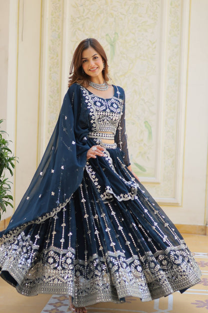 Teal blue color georgette lehenga choli with blouse online