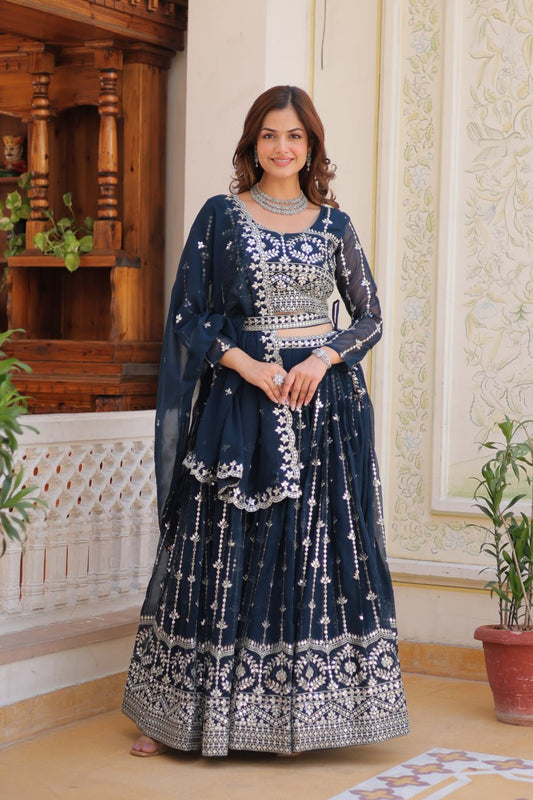 Teal blue color georgette lehenga choli for women