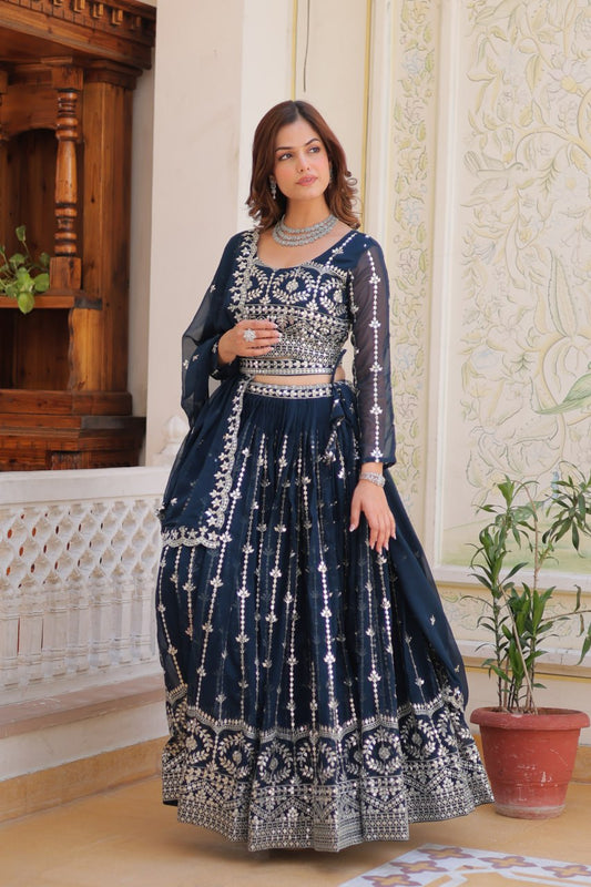 Teal blue color georgette lehenga choli with blouse