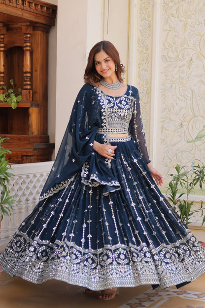 Teal blue color georgette lehenga choli with blouse images