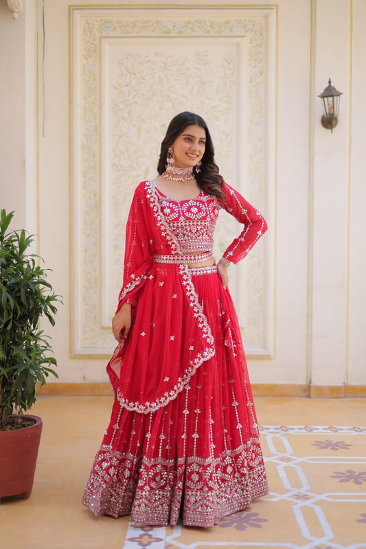 Red color georgette lehenga choli for women