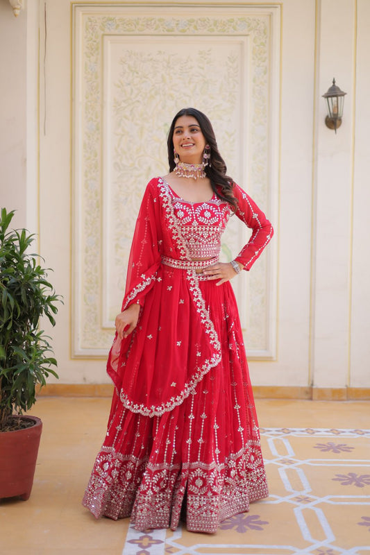 Red color georgette lehenga choli with dupatta price 