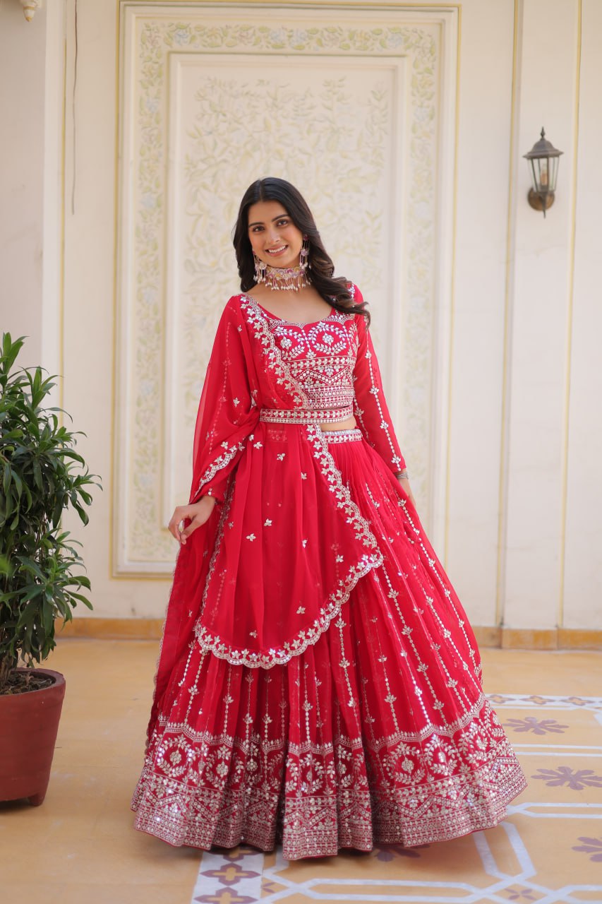 Red color georgette lehenga choli with dupatta images