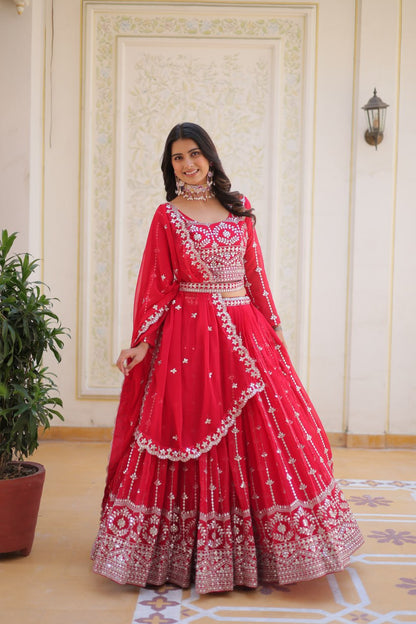 Red color georgette lehenga choli with dupatta images