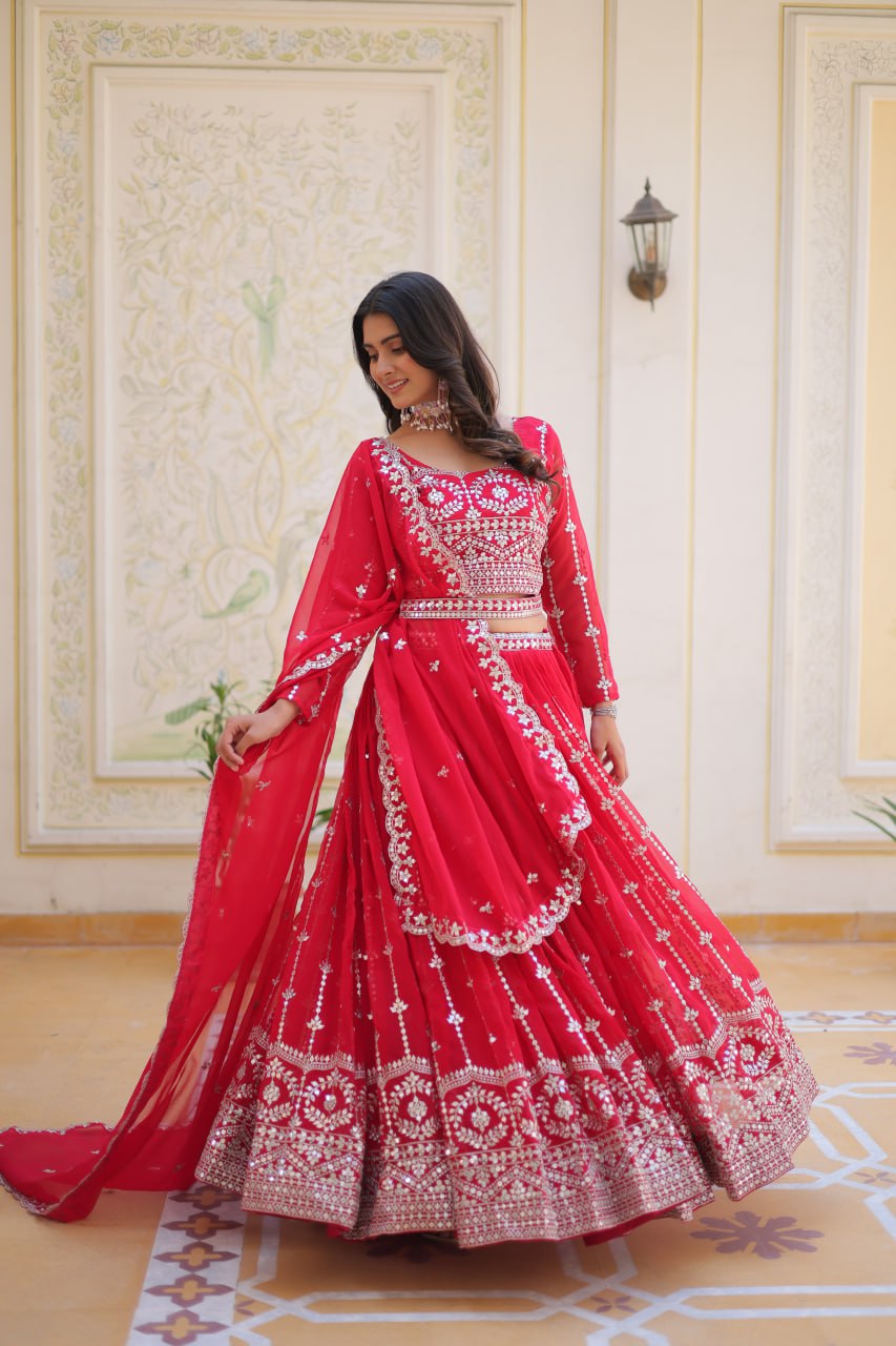 Red color georgette lehenga choli with dupatta for wedding