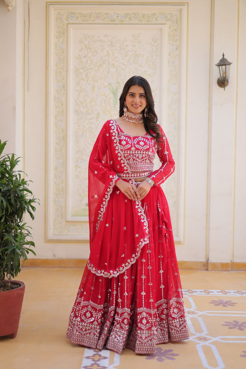 Red color georgette lehenga choli with dupatta online
