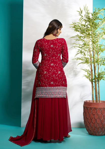 Red color georgette sharara suit with dupatta price