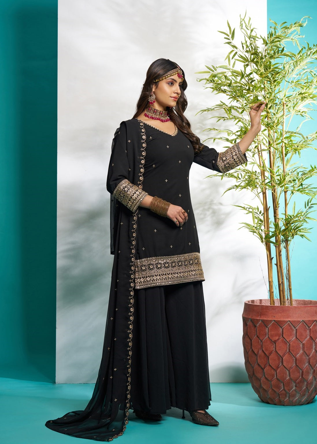 Black color georgette sharara suit with dupatta online shopping