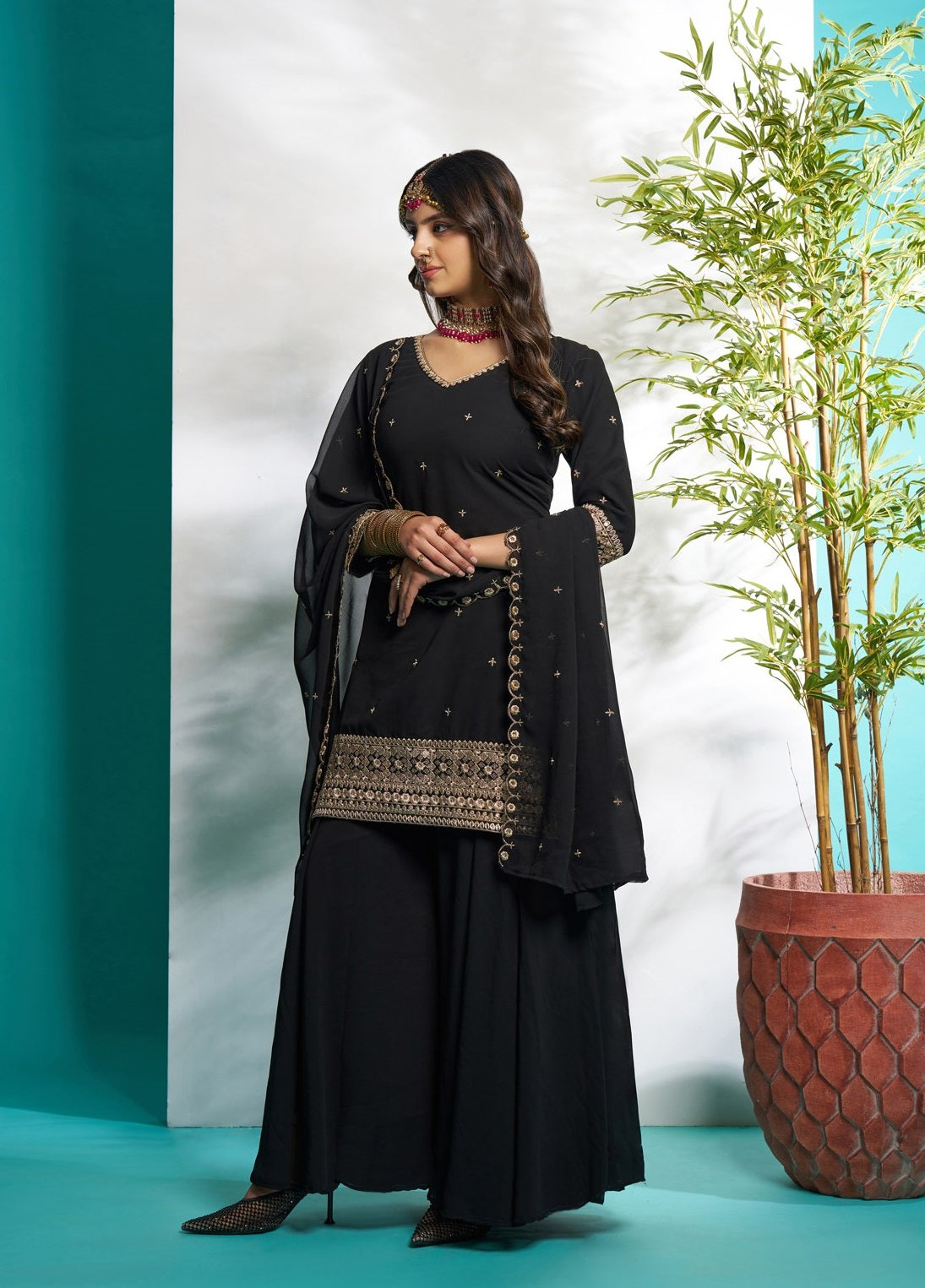 Black color georgette sharara suit with dupatta online