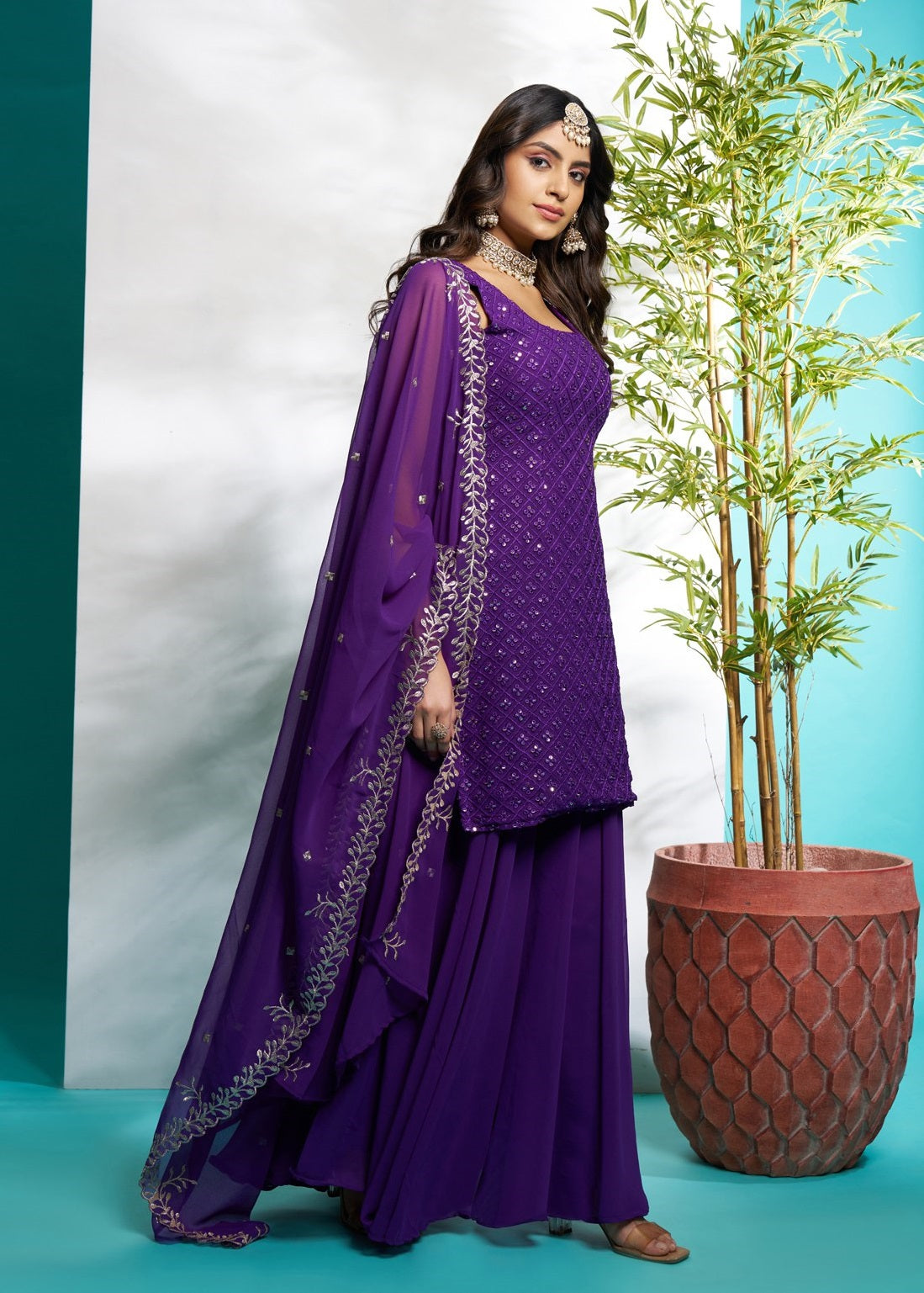 Purple color georgette sharara suit with dupatta online
