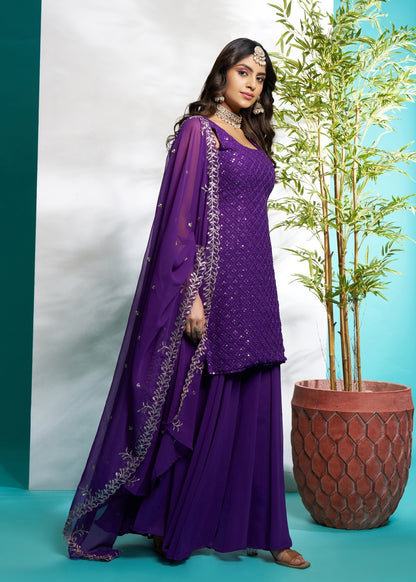 Purple color georgette sharara suit with dupatta online