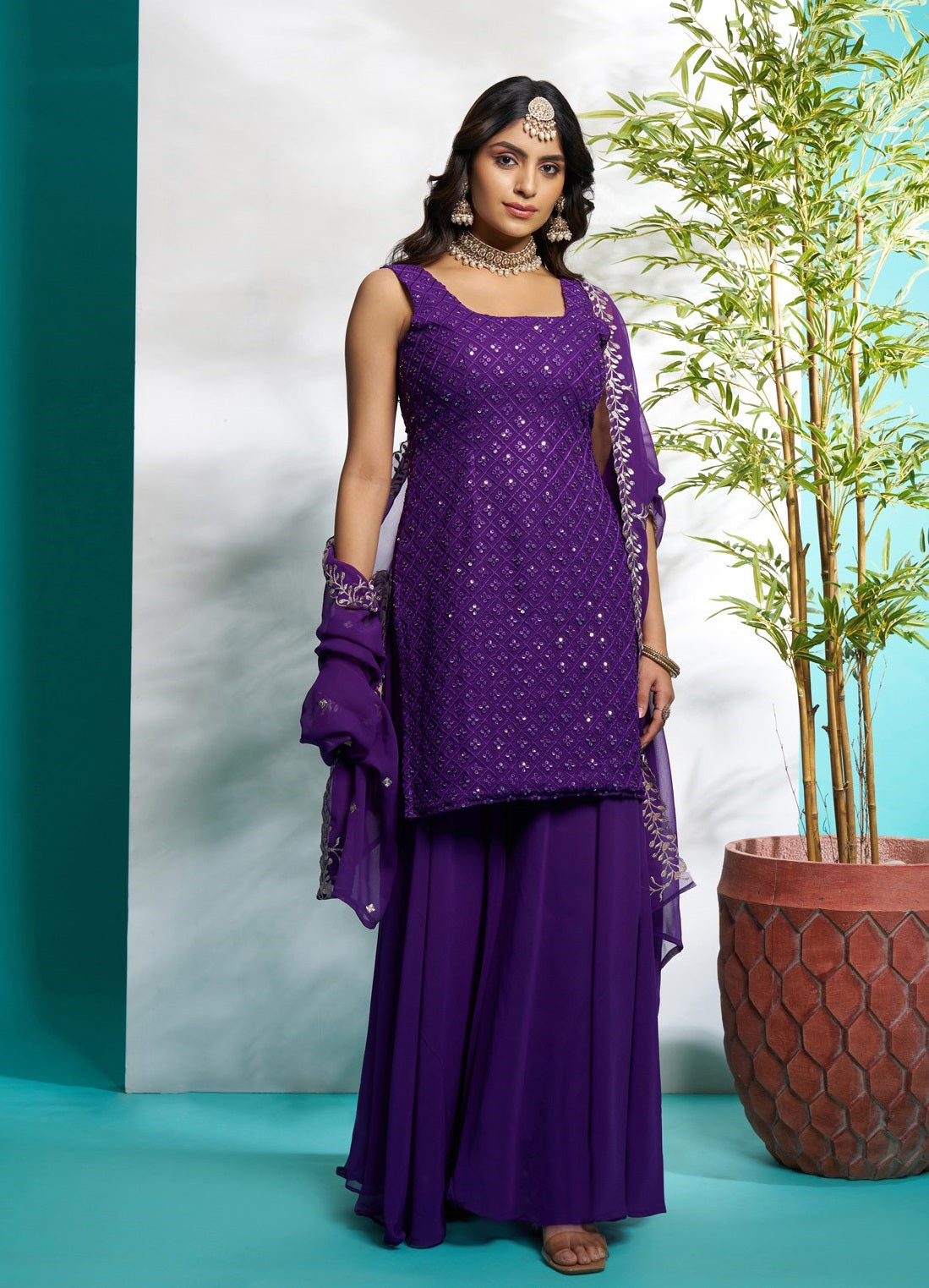 Purple color georgette sharara suit with dupatta online shopping