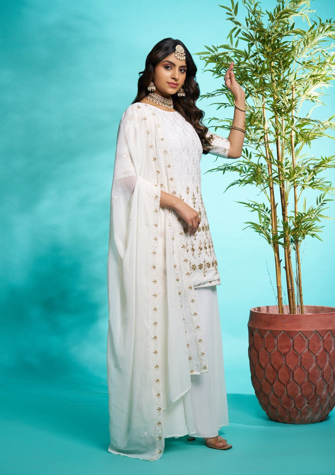 White color georgette sharara suit with dupatta price