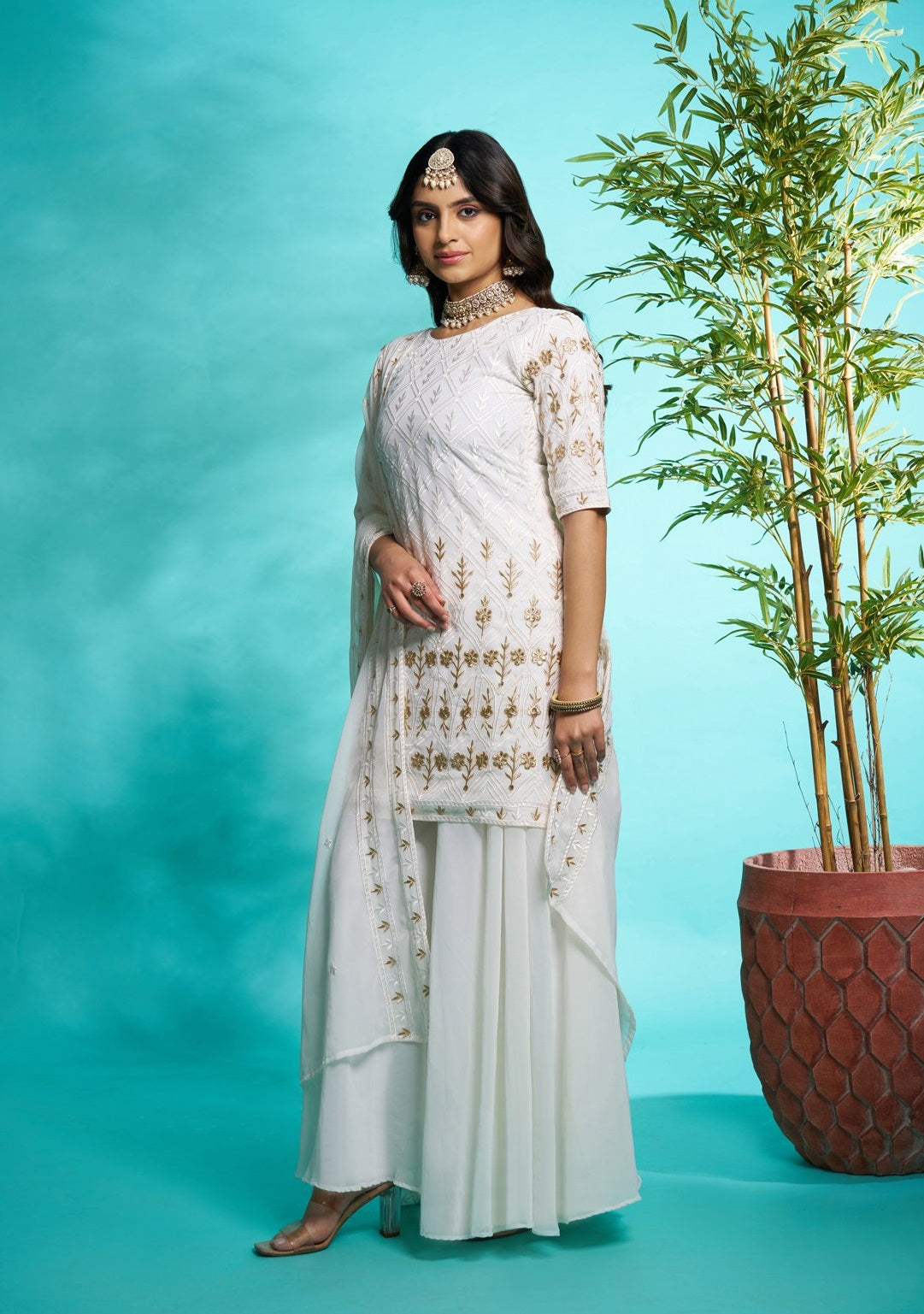 White color georgette sharara suit with dupatta online