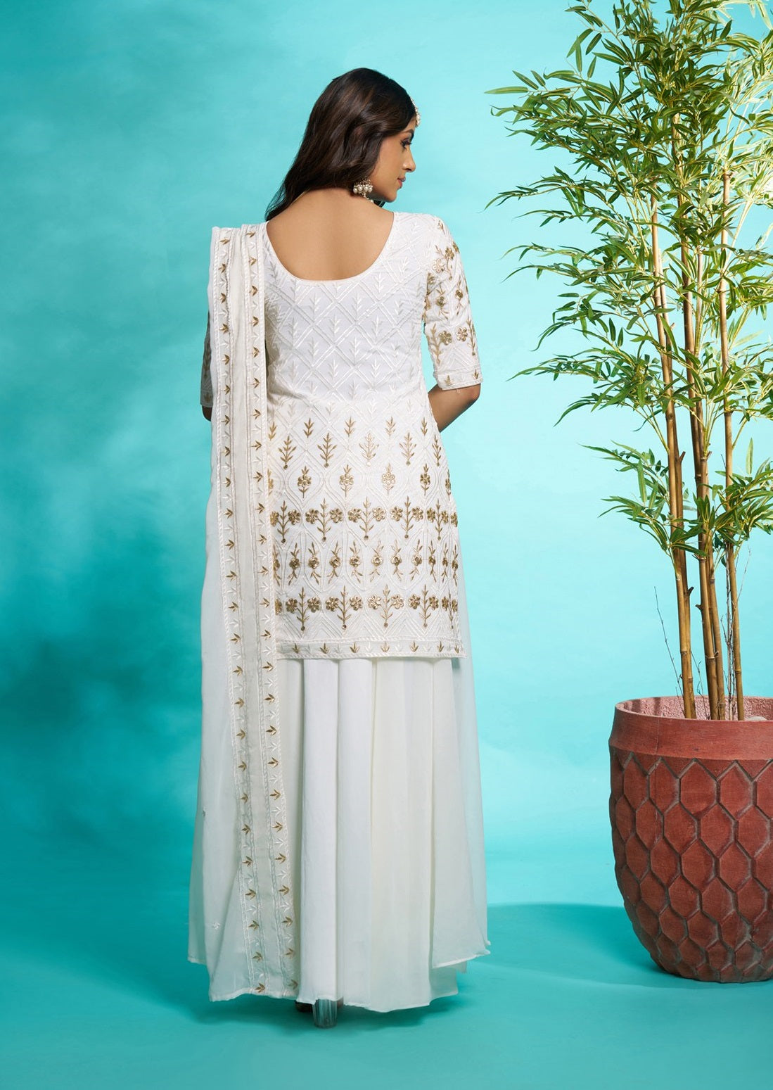 White color georgette sharara suit with dupatta online shopping