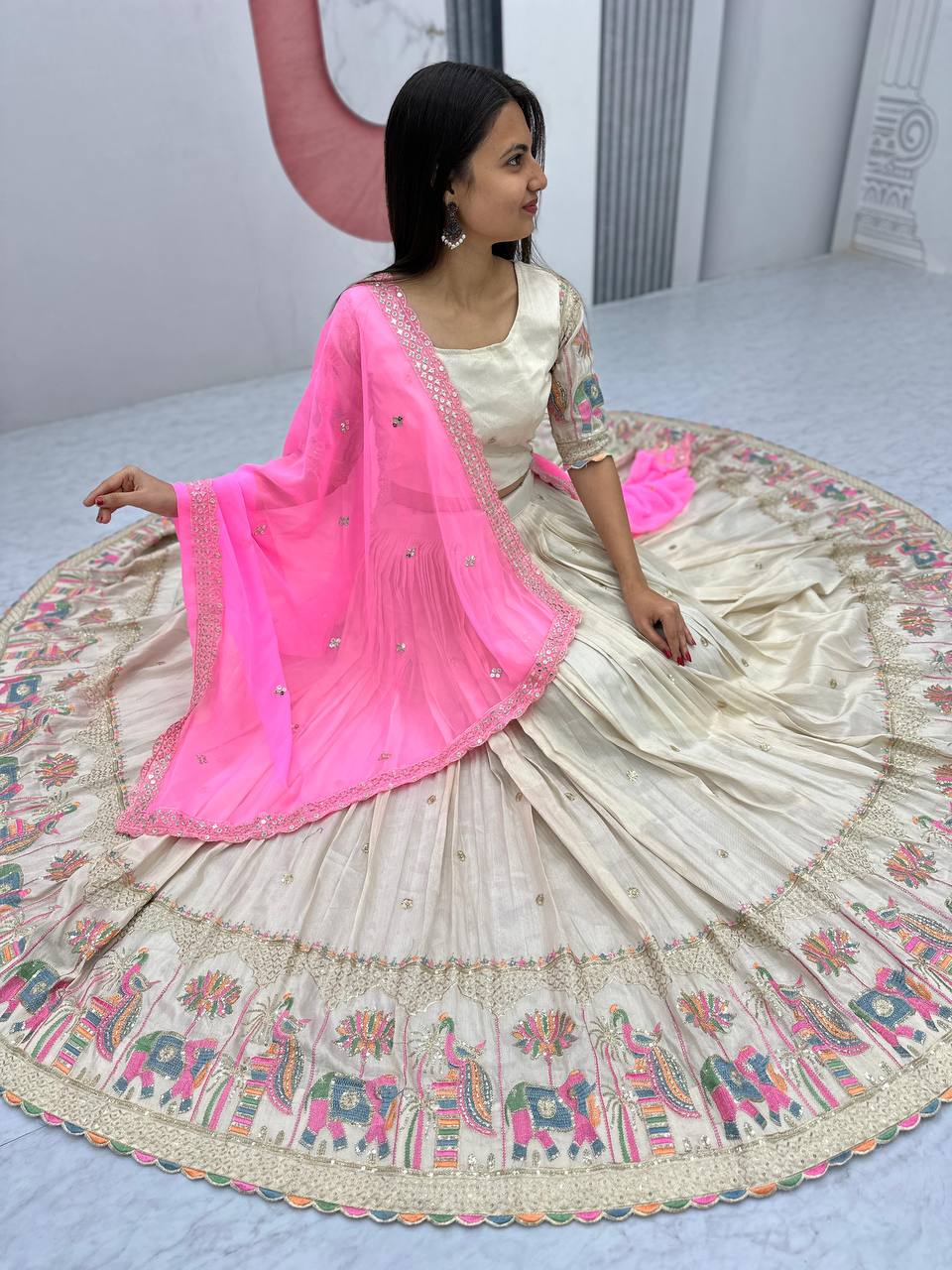 Off white color Banarasi Tissue Silk  lehenga choli price