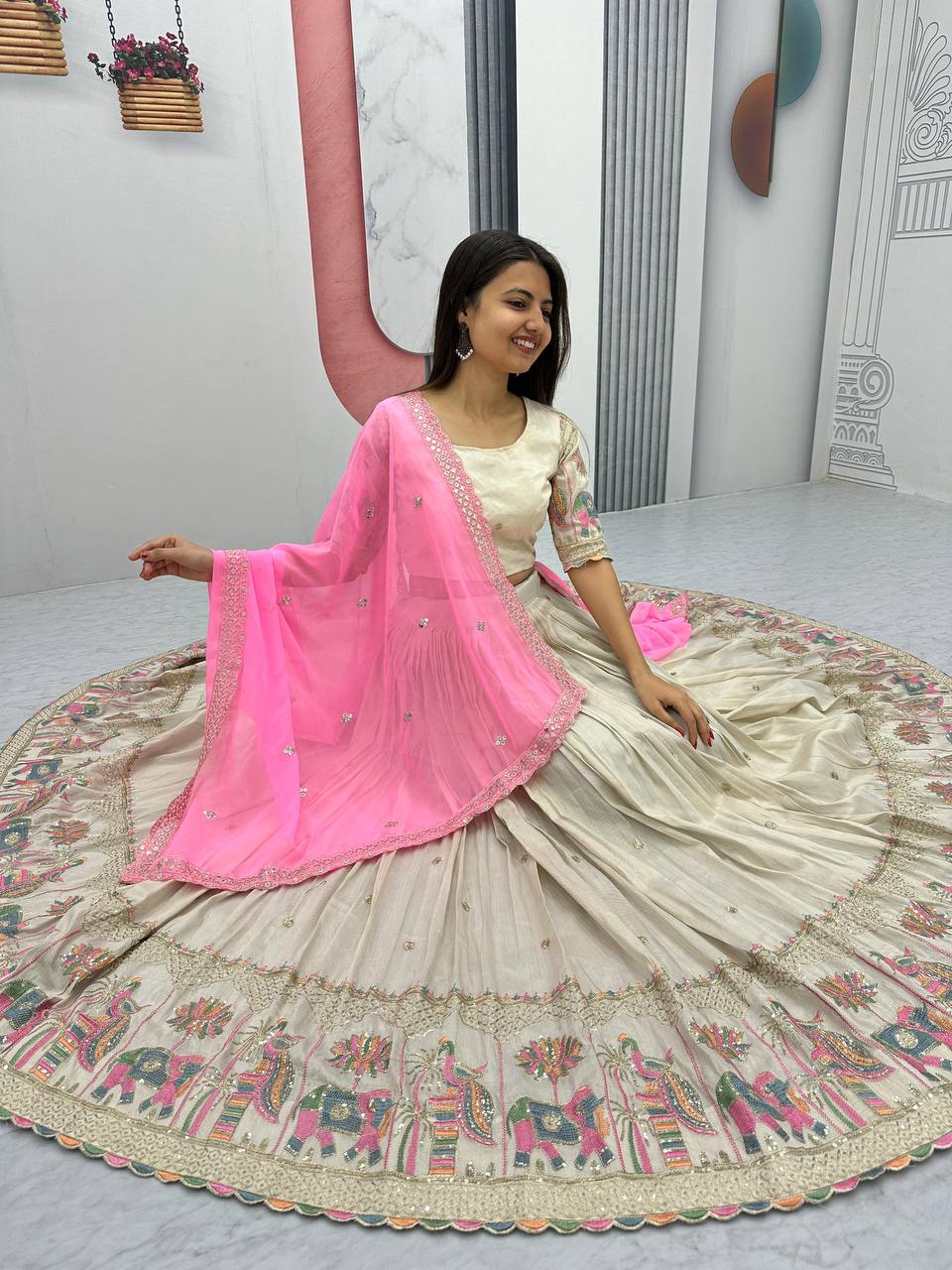 Off white color Banarasi Tissue Silk lehenga choli online shopping