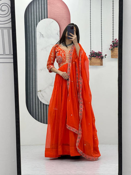 Orange color georgette long gown for women