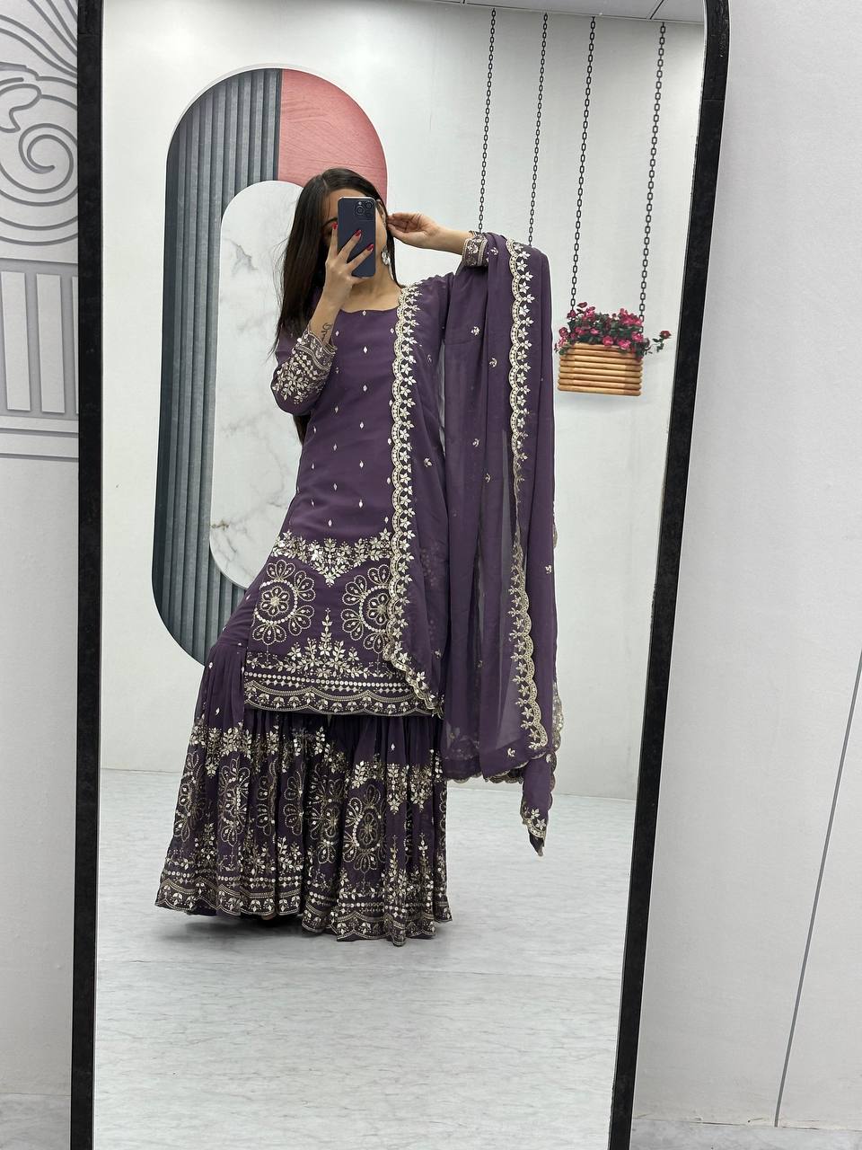 Lavender color georgette sharara suit for wedding party
