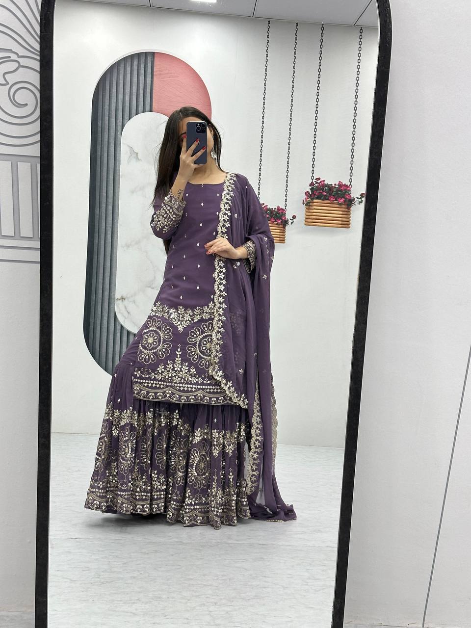 Lavender color georgette sharara suit with dupatta online