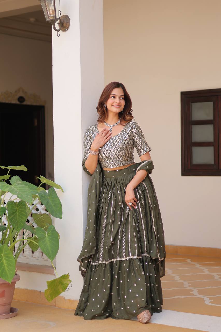 Green color star georgette lehenga choli for wedding