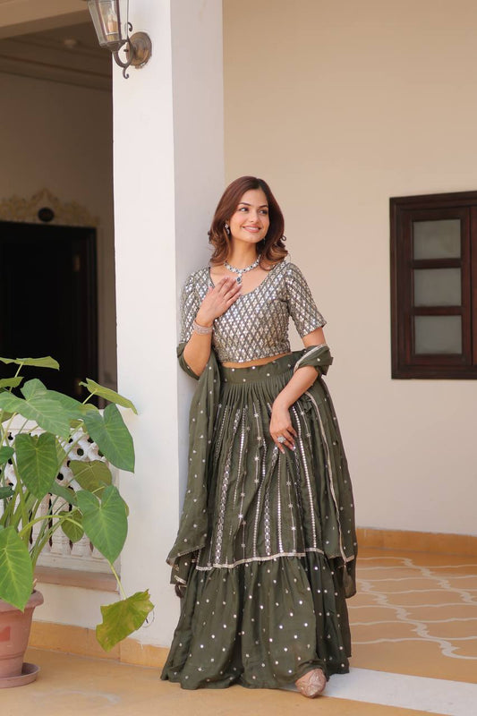 Green color star georgette lehenga choli for wedding