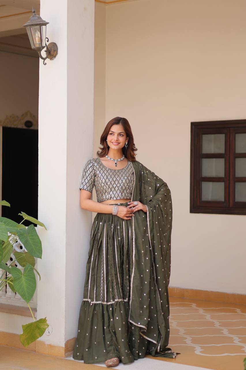 Green color star georgette lehenga choli for women